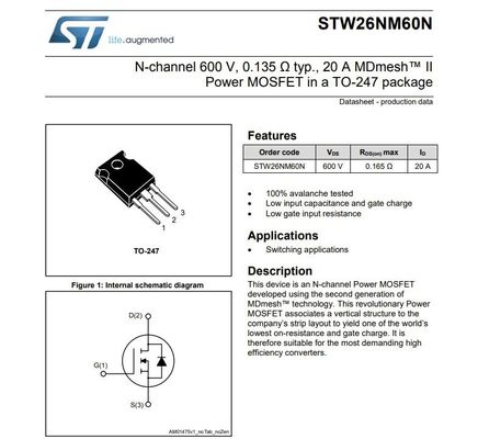 একটি TO-247 প্যাকেজে N-চ্যানেল 600V, 0.065 Ω typ., 40A পাওয়ার MOSFET STW48N60DM2 ফিল্ড এফেক্ট ট্রানজিস্টর